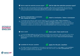Neste caso, não é uma questão de dúvida entre usar make ou do. Ambas as possibilidades são incorretas em
inglês. O correto na língua inglesa é dizer take an exam. Se alguém está entrando em uma empresa e vai fazer
um exame admissional ou de habilidade especíﬁca, a construção correta é take an exam/test.
A colocação certa usada em inglês quando chegamos a uma conclusão é draw / reach a conclusion. As
construções não têm exatamente o mesmo sentido. Reach a conclusion signiﬁca “chegar a uma conclusão”,
frequentemente depois de um tempo de debate. Por outro lado, draw a conclusion tem o sentido mais literal de
simplesmente “concluir”. Se utilizamos a construção make a conclusion, passamos a impressão de que estamos
“escrevendo ou produzindo uma conclusão”. As outras possibilidade seriam incorretas na língua inglesa.
Did they make/get/take a conclusion
after reading the analysis? reach a conclusion / draw a conclusion
A construção have a work para dizer que temos um emprego não é possível em inglês. O correto é usar o termo
job, como na construção “I love my job”. No entanto, podemos dizer que temos muito trabalho para fazer—no
sentido de termos tarefas. Nesse caso, usamos o termo work, como na frase “I have a lot of work to do before
going home”.
have a work have a job / have work to do
Em inglês, quando nos candidatamos a uma vaga em uma empresa, usamos o verbo apply. O verbo candidate é
mais usado no âmbito politico. Por isso, outros termos são muito comuns, como ﬁll in a job application, que
quer dizer completar uma ﬁcha de emprego.
candidate for the job / position apply for the job / position
Did he take the selection process exam?Did he make the selection process exam?
 