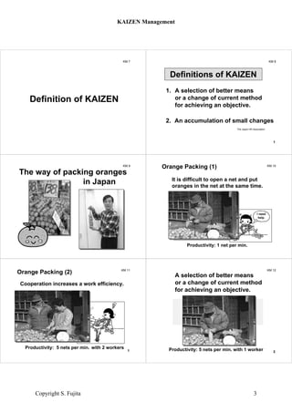 KM 7
Definition of KAIZEN
KM 8
1. A selection of better means
or a change of current method
for achieving an objective.
The Japan HR Association
Definitions of KAIZEN
2. An accumulation of small changes
1
KM 9
The way of packing orangesThe way of packing oranges
in Japanin Japan
KM 10
It is difficult to open a net and put
oranges in the net at the same time.
Productivity: 1 net per min.
Orange Packing (1)
I need
help.
KM 11
Cooperation increases a work efficiency.
Productivity: 5 nets per min.
Orange Packing (2)
with 2 workers
1
KM 12
Can you think of a better
method to pack oranges?
A selection of better means
or a change of current method
for achieving an objective.
Productivity: 5 nets per min. with 1 worker 2
KAIZEN Management
Copyright S. Fujita 3
 