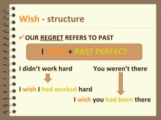 Wish  - structure OUR  REGRET  REFERS TO PAST I didn’t work hard  You weren’t there  I  wish  I  had worked  hard I  wish  you  had been  there I  WISH  +  PAST PERFECT 