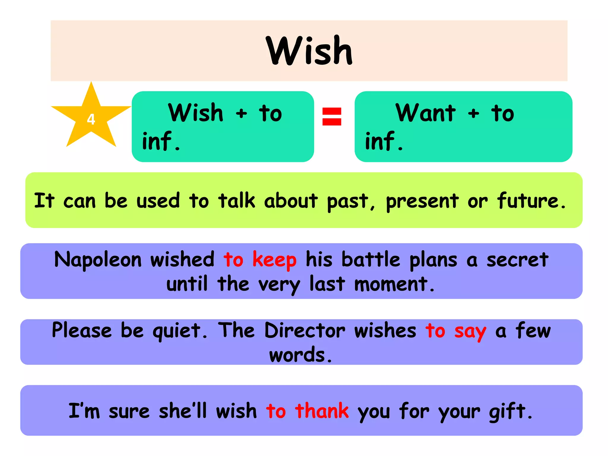 Wish
4

Wish + to
inf.

Want + to
inf.

It can be used to talk about past, present or future.

Napoleon wished to keep his battle plans a secret
until the very last moment.
Please be quiet. The Director wishes to say a few
words.
I’m sure she’ll wish to thank you for your gift.

 