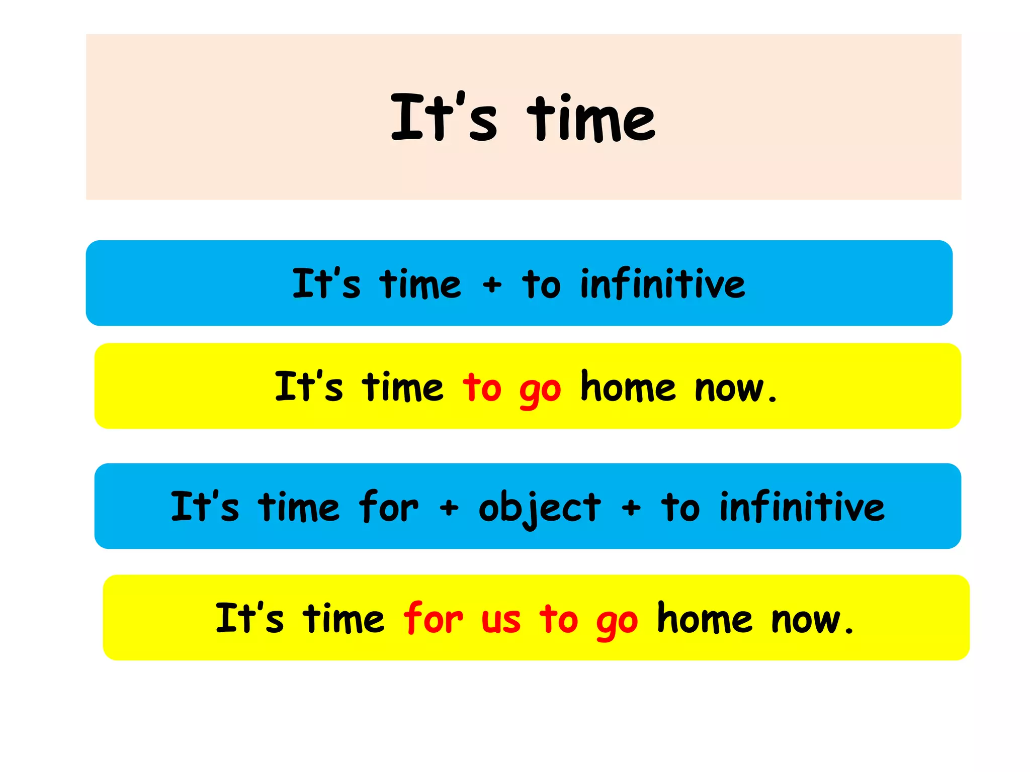 It’s time
It’s time + to infinitive
It’s time to go home now.
It’s time for + object + to infinitive

It’s time for us to go home now.

 