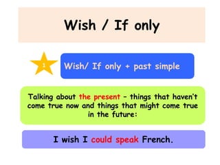 Wish / If only
1

Wish/ If only + past simple

Talking about the present – things that haven’t
come true now and things that might come true
in the future:

I wish I could speak French.

 