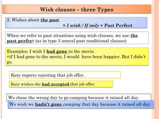 2. Wishes about the past.
= I wish / If only + Past Perfect
Wish clauses – three Types
When we refer to past situations using wish clauses, we use the
past perfect (as in type 3 unreal past conditional clauses)
Examples: I wish I had gone to the movie.
=if I had gone to the movie, I would have been happier. But I didn’t
go.
Katy regrets rejecting that job offer.
Katy wishes she had accepted that job offer.
We chose the wrong day to go camping because it rained all day.
We wish we hadn’t gone camping that day because it rained all day.
 