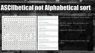 https://pxhere.com/en/photo/872686/
ASCIIbetical not Alphabetical sort
Double quotes will appear before letters
Numbers appear after punctuation but
before letters
Spaces will affect sort order as well
Capital letters appear before lower case
letters
 