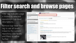 https://www.pexels.com/photo/coffee-countryside-close-up-view-macro-69976/
Filter search and browse pages
Filter tag indicates page
is limited to selected
repository’s top-level
descriptions.
Remove top-level filter
tag to see all levels
linked to the current
repository. Use facets
and filters to refine
further.
 