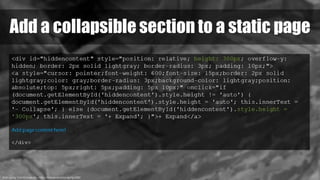 Brick Laying, from tOrange.biz - https://torange.biz/brick-laying-2880
Add a collapsible section to a static page
<div id="hiddencontent" style="position: relative; height: 300px; overflow-y:
hidden; border: 2px solid lightgray; border-radius: 3px; padding: 10px;">
<a style="cursor: pointer;font-weight: 600;font-size: 15px;border: 2px solid
lightgray;color: gray;border-radius: 3px;background-color: lightgray;position:
absolute;top: 5px;right: 5px;padding: 5px 10px;" onclick="if
(document.getElementById('hiddencontent').style.height != 'auto') {
document.getElementById('hiddencontent').style.height = 'auto'; this.innerText =
'- Collapse'; } else {document.getElementById('hiddencontent').style.height =
'300px'; this.innerText = '+ Expand'; }">+ Expand</a>
Add page content here!
</div>
 