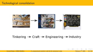 Technological consolidation
Tinkering Craft Engineering Industry
Konrad Hinsen (CBM/SOLEIL) A computational scientist’s wish list for tomorrow’s computing systems February 1st
2020 32 / 38
 