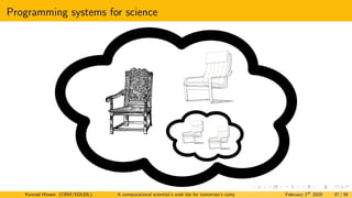Programming systems for science
Konrad Hinsen (CBM/SOLEIL) A computational scientist’s wish list for tomorrow’s computing systems February 1st
2020 37 / 38
 