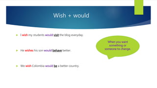 Wish + would
 I wish my students would visit the blog everyday.
 He wishes his son would behave better.
 We wish Colombia would be a better country.
When you want
something or
someone to change.
 
