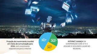 INTERNET AVANÇA EM COMPARAÇÃO COM A TV E ASSUME O SEGUNDO LUGAR NO MUNDIAL 
Projeção de investimento mundial em meios de comunicação para 2016, com crescimento exponencial para a Internet  