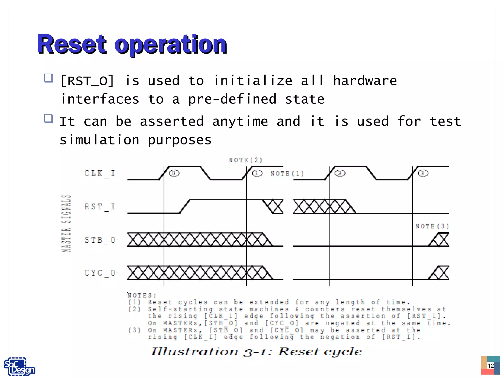 Reset operationReset operation
 [RST_O] is used to initialize all hardware
interfaces to a pre-defined state
 It can be asserted anytime and it is used for test
simulation purposes
12
 