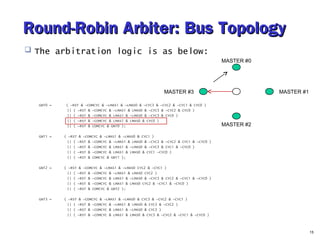 Round-Robin AArrbbiitteerr:: BBuuss TTooppoollooggyy 
 The arbitration logic is as below: 
GNT0 = ( ~RST & ~COMCYC & ~LMAS1 & ~LMAS0 & ~CYC3 & ~CYC2 & ~CYC1 & CYC0 ) 
|| ( ~RST & ~COMCYC & ~LMAS1 & LMAS0 & ~CYC3 & ~CYC2 & CYC0 ) 
|| ( ~RST & ~COMCYC & LMAS1 & ~LMAS0 & ~CYC3 & CYC0 ) 
|| ( ~RST & ~COMCYC & LMAS1 & LMAS0 & CYC0 ) 
|| ( ~RST & COMCYC & GNT0 ); 
GNT1 = ( ~RST & ~COMCYC & ~LMAS1 & ~LMAS0 & CYC1 ) 
|| ( ~RST & ~COMCYC & ~LMAS1 & LMAS0 & ~CYC3 & ~CYC2 & CYC1 & ~CYC0 ) 
|| ( ~RST & ~COMCYC & LMAS1 & ~LMAS0 & ~CYC3 & CYC1 & ~CYC0 ) 
|| ( ~RST & ~COMCYC & LMAS1 & LMAS0 & CYC1 ~CYC0 ) 
|| ( ~RST & COMCYC & GNT1 ); 
GNT2 = ( ~RST & ~COMCYC & ~LMAS1 & ~LMAS0 CYC2 & ~CYC1 ) 
|| ( ~RST & ~COMCYC & ~LMAS1 & LMAS0 CYC2 ) 
|| ( ~RST & ~COMCYC & LMAS1 & ~LMAS0 & ~CYC3 & CYC2 & ~CYC1 & ~CYC0 ) 
|| ( ~RST & ~COMCYC & LMAS1 & LMAS0 CYC2 & ~CYC1 & ~CYC0 ) 
|| ( ~RST & COMCYC & GNT2 ); 
GNT3 = ( ~RST & ~COMCYC & ~LMAS1 & ~LMAS0 & CYC3 & ~CYC2 & ~CYC1 ) 
|| ( ~RST & ~COMCYC & ~LMAS1 & LMAS0 & CYC3 & ~CYC2 ) 
|| ( ~RST & ~COMCYC & LMAS1 & ~LMAS0 & CYC3 ) 
|| ( ~RST & ~COMCYC & LMAS1 & LMAS0 & CYC3 & ~CYC2 & ~CYC1 & ~CYC0 ) 
15 
MASTER #0 
MASTER #3 
MASTER #2 
MASTER #1 
 