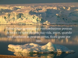 Talvez Deus gostaria que você conhecesse pessoas de todos os tipos durante sua vida, assim, quando você conhecer as pessoas certas, ficará grato por isso. 