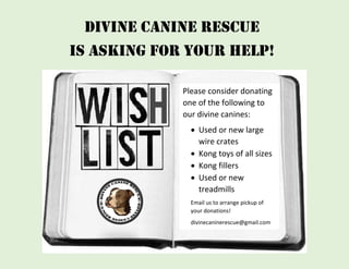 Divine Canine Rescue
is asking for your help!
Please consider donating
one of the following to
our divine canines:
 Used or new large
wire crates
 Kong toys of all sizes
 Kong fillers
 Used or new
treadmills
Email us to arrange pickup of
your donations!
divinecaninerescue@gmail.com
 