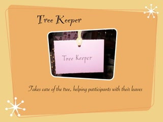 Tree Keeper




Takes care of the tree, helping participants with their leaves
 
