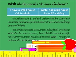 wish เป็นกริยา หมายถึง "ปรารถนา หรือ ต้องการ"
I have a small house
ฉันมีบ้านหลังเล็ก
I wish I had a big house
ฉันอยากมีบ้านหลังใหญ่
จากประโยคตัวอย่าง 2 ประโยคนี้ ประโยคทางด้านซ้าย เป็นประโยคที่
บอกเราถึงสภาพความเป็นอยู่จริง ส่วนประโยคทางด้านขวา เป็นประโยคที่คนพูด
ปรารถนาจะให้เกิดขึ้น
สังเกตดีๆนะคะ เราจะแสดงความปรารถนาในสิ่งใดสิ่งหนึ่ง เราจะใช้คาว่า
wish เป็น กริยา แปลว่า ปรารถนา , ต้องการ ซึ่งในที่นี้เราจะมาทาความรู้จัก
กับการแสดงความปรารถนาในแบบต่างๆ โดยการใช้ wish หรือ เราเรียก
ประโยคแบบนี้ว่า wish form นั่นเอง
 
