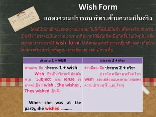 Wish Form
แสดงความปรารถนาที่ตรงข้ามความเป็นจริง
โดยทั่วไปเรามักจะแสดงความปรารถนาในสิ่งที่ยังไม่เป็นจริง หรือตรงข้ามกับความ
เป็นจริง ไม่ว่าจะเป็นความปรารถนาที่อยากให้สิ่งใดสิ่งหนึ่งเกิดขึ้นในปัจจุบัน อดีต
อนาคต เราสามารถใช้ wish form ได้ทั้งหมด แต่จะมีรายละเอียดที่แตกต่างกันบ้าง
โดยโครงสร้างประโยคพื้นฐาน เราจะต้องแยกออก 2 ส่วน คือ
ประธาน 1 + wish ประธาน 2 + กริยา
ส่วนแรก คือ ประธาน 1 + wish
Wish ถือเป็นกริยาแท้ ต้องผัน
ตาม Subject และ Tense ซึ่ง
อาจจะเป็น I wish , She wishes ,
They wished เป็นต้น
When she was at the
party, she wished ………
ส่วนที่สอง คือ ประธาน 2 + กริยา
ประโยคที่ตามหลังกริยา
wish ต้องเปลี่ยนแปลงตามการแสดง
ความปรารถนาในแบบต่างๆ
 