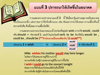 การแสดงความปรารถนาแบบที่ 3 นี้ใช้เมื่อเรารู้แน่ว่าเหตุการณ์ในอนาคต
จะเป็ นแบบหนึ่ง แต่เราอยากให้เป็ นอีกแบบ เช่น ฉันอยากจะให้เธอมางานเลี้ยงคืนนี้
(ความจริงคือ คืนนี้เธอมางานเลี้ยงไม่ได้)
การแสดงความปรารถนาในอนาคตแบบนี้ประโยคที่อยู่หลัง wish เราจะใช้ would , could
หรือ should + กริยาช่องที่ 1 และถ้าในประโยคมี verb to be ต้องใช้เป็น would be ,
could be , should be (**ถ้าประธานเป็นคนเดียวกัน ใช้ could**)
แบบที่ 3 ปรารถนาให้เกิดขึ้นในอนาคต
Mike wishes his mother would stay here longer.
ไมค์อยากให้แม่ของเขาอยู่ที่นี่นานกว่านี้
(ความจริงคือ ไมค์รู้ว่าแม่ของเขาอยู่ที่นี่นานกว่านี้ไม่ได้)
I wish I could go to the concert tonight
ฉันอยากจะให้ตัวฉันเองไปคอนเสิร์ตในคืนนี้ให้ได้
(ความจริงคือ ฉันรู้ดีวาฉันไม่สามารถไปคอนเสิร์ตคืนนี้ได้)
ประธาน 1 + wish + ประธาน 2 + + กริยาช่องที่ 1
would
could
should
 