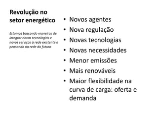 Revolução no 
setor energético • Novos agentes 
• Nova regulação 
• Novas tecnologias 
• Novas necessidades 
• Menor emissões 
• Mais renováveis 
• Maior flexibilidade na 
curva de carga: oferta e 
demanda 
Estamos buscando maneiras de 
integrar novas tecnologias e 
novos serviços à rede existente e 
pensando na rede do futuro 
 