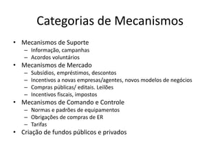 Categorias de Mecanismos 
• Mecanismos de Suporte 
– Informação, campanhas 
– Acordos voluntários 
• Mecanismos de Mercado 
– Subsídios, empréstimos, descontos 
– Incentivos a novas empresas/agentes, novos modelos de negócios 
– Compras públicas/ editais. Leilões 
– Incentivos fiscais, impostos 
• Mecanismos de Comando e Controle 
– Normas e padrões de equipamentos 
– Obrigações de compras de ER 
– Tarifas 
• Criação de fundos públicos e privados 
 