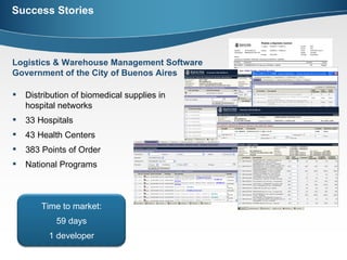 Success Stories Distribution of biomedical supplies in hospital networks  33 Hospitals  43 Health Centers  383 Points of Order  National Programs Logistics & Warehouse Management Software Government of the City of Buenos Aires  Time to market: 59 days 1 developer 