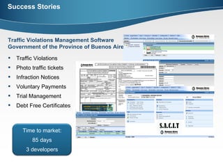 Success Stories Traffic Violations  Photo traffic tickets  Infraction Notices  Voluntary Payments  Trial Management Debt Free Certificates Traffic Violations Management Software Government of the Province of Buenos Aires  Time to market: 85 days 3 developers 