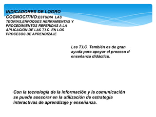 INDICADORES DE LOGRO
COGNOCITIVO:ESTUDIA LAS
TEORIAS,ENFOQUES HERRAMIENTAS Y
PROCEDIMIENTOS REFERIDAS A LA
APLICACIÓN DE LAS T.I.C EN LOS
PROCESOS DE APRENDIZAJE


                              Las T.I.C También es de gran
                              ayuda para apoyar el proceso d
                              enseñanza didáctico.




   Con la tecnología de la información y la comunicación
   se puede asesorar en la utilización de estrategia
   interactivas de aprendizaje y enseñanza.
 