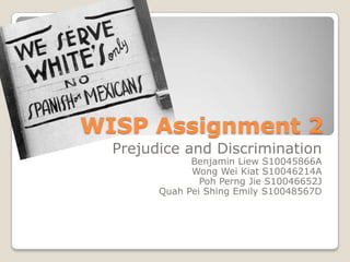 WISP Assignment 2  Prejudice and Discrimination Benjamin Liew S10045866A Wong Wei Kiat S10046214A Poh Perng Jie S10046652J Quah Pei Shing Emily S10048567D 