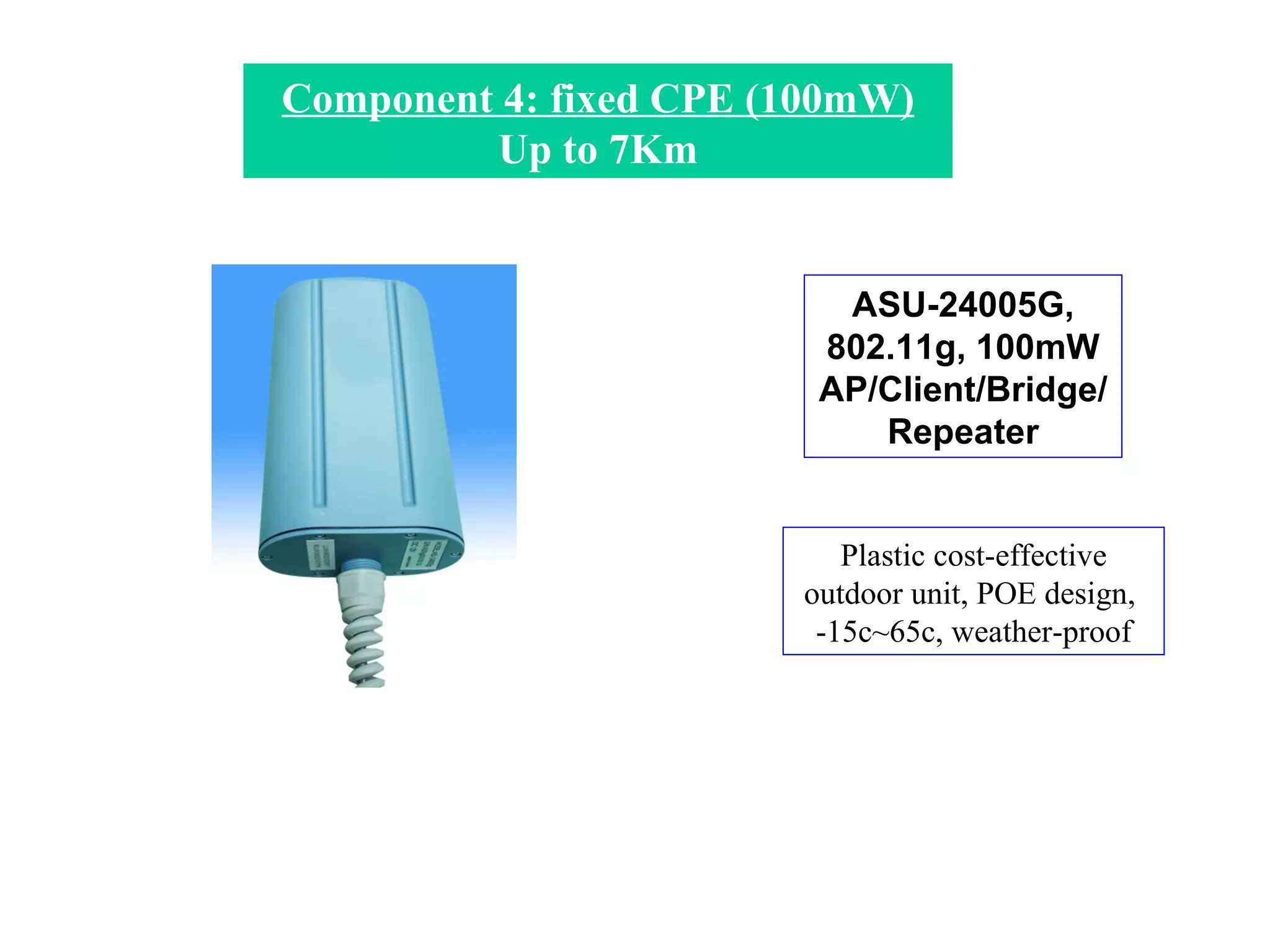 Component 4: fixed CPE (100mW) Up to 7Km Plastic cost-effective outdoor unit, POE design,  -15c~65c, weather-proof ASU-24005G, 802.11g, 100mW AP/Client/Bridge/Repeater 