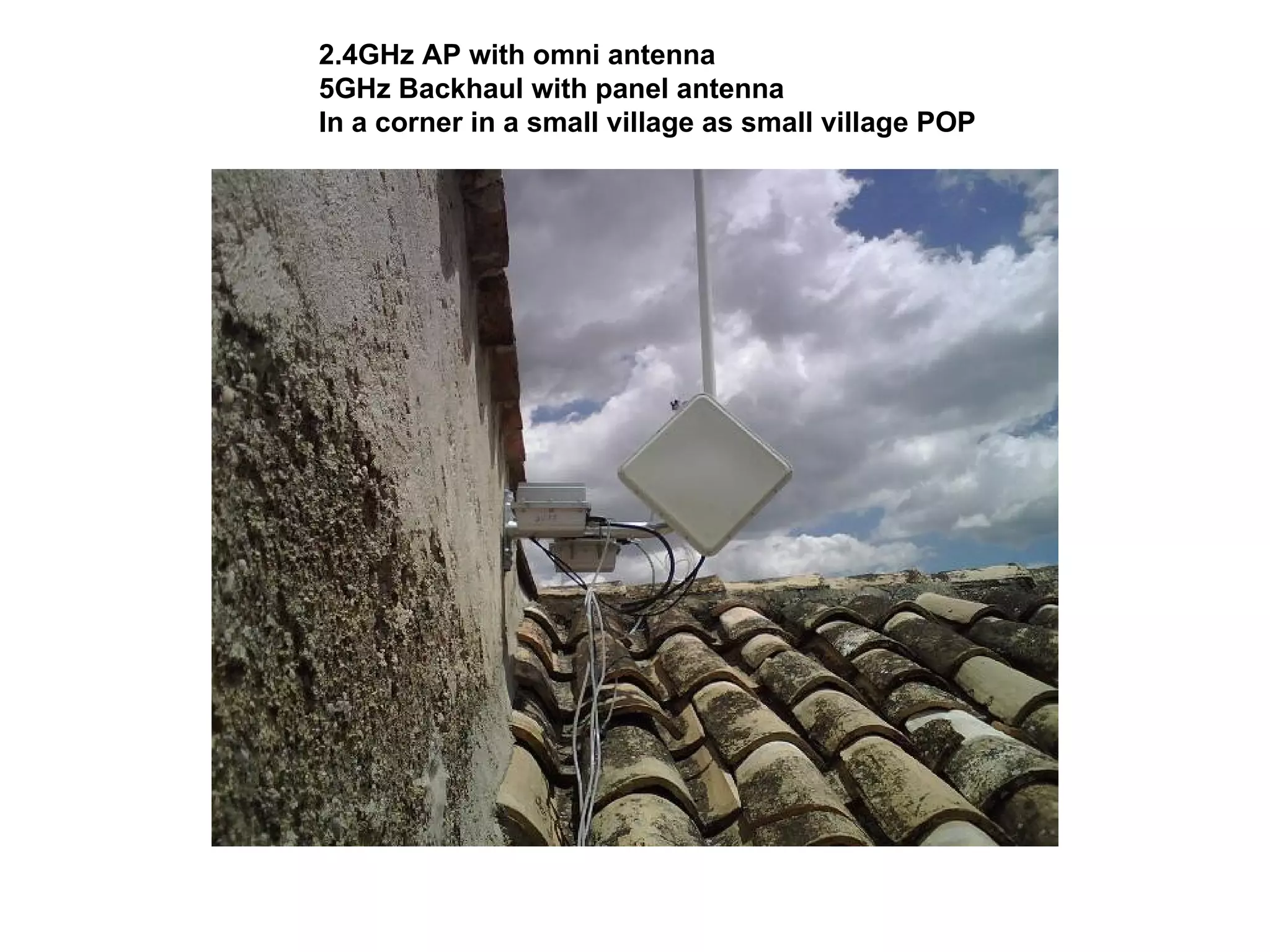 2.4GHz AP with omni antenna 5GHz Backhaul with panel antenna In a corner in a small village as small village POP 