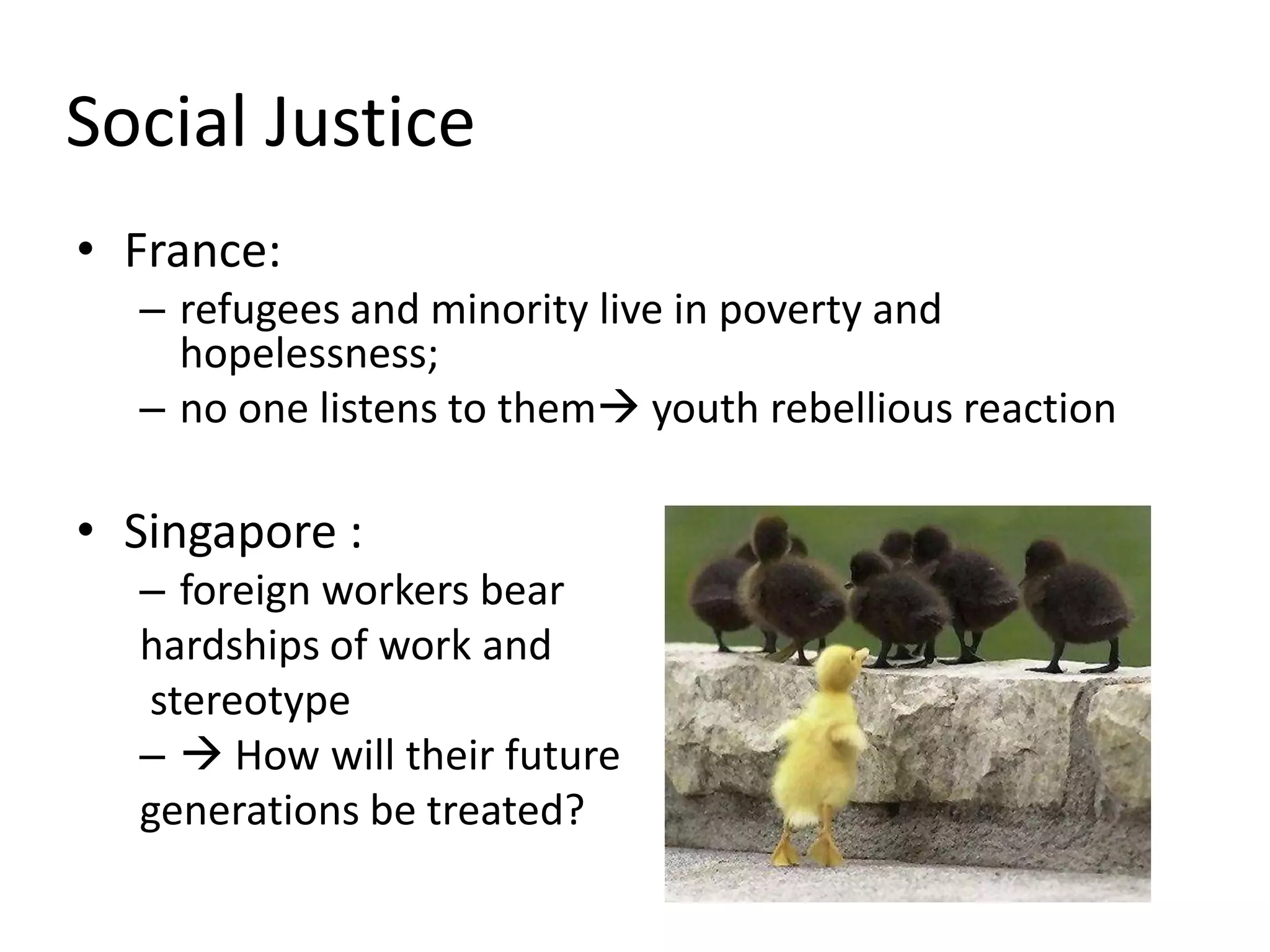 Social JusticeFrance: refugees and minority live in poverty and hopelessness; no one listens to them youth rebellious reactionSingapore : foreign workers bearhardships of work and stereotype How will their future generations be treated?