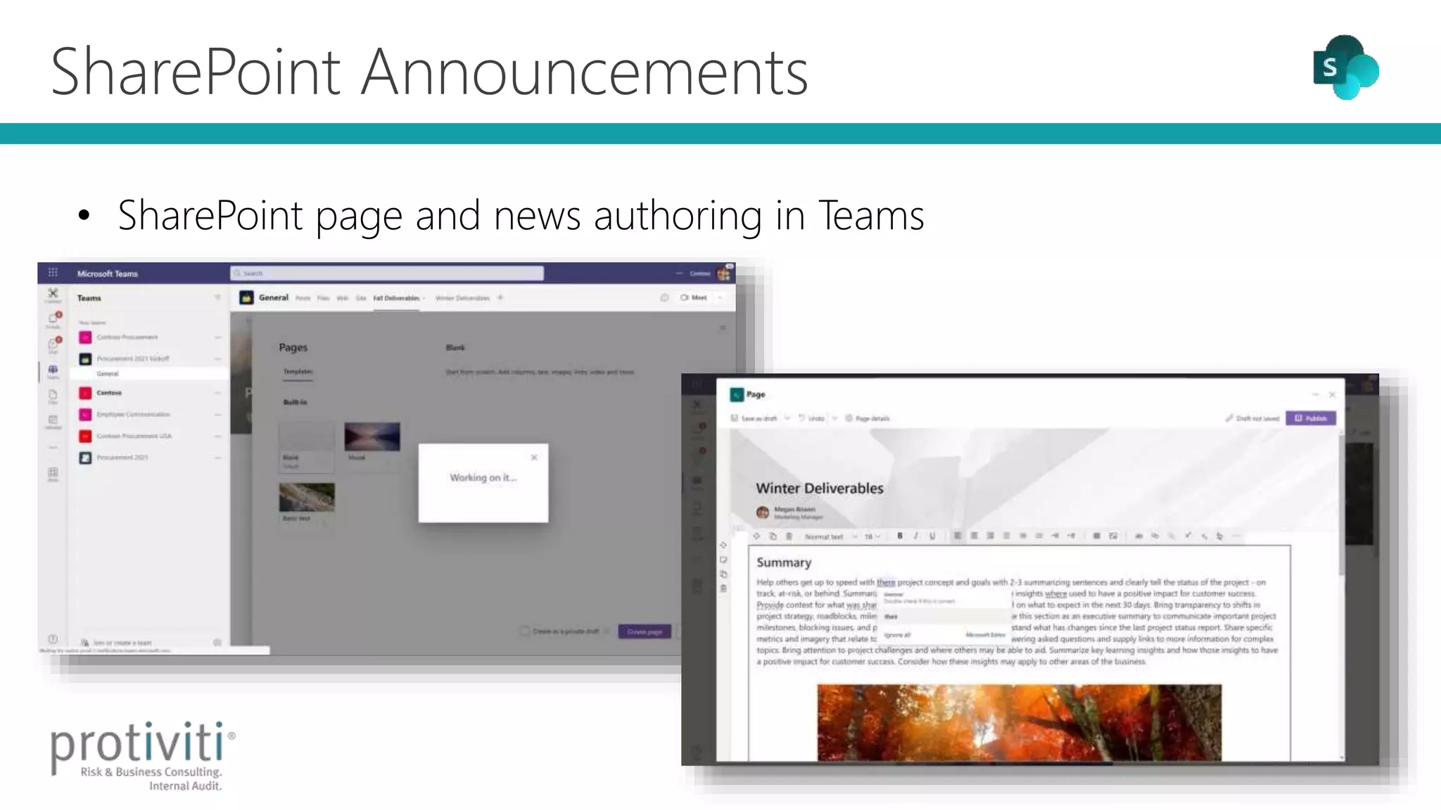 SharePoint Announcements
• SharePoint page and news authoring in Teams
 