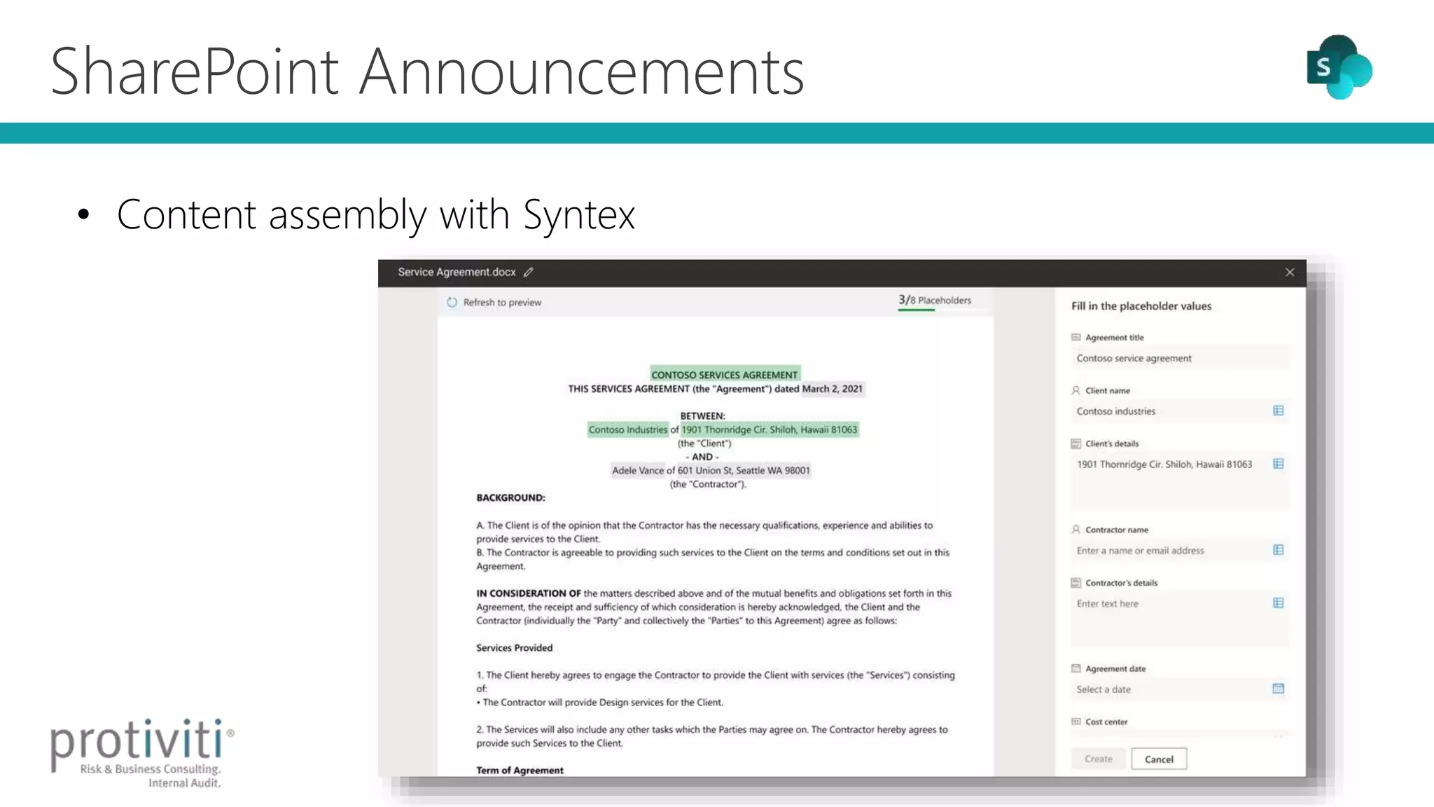 SharePoint Announcements
• Content assembly with Syntex
 