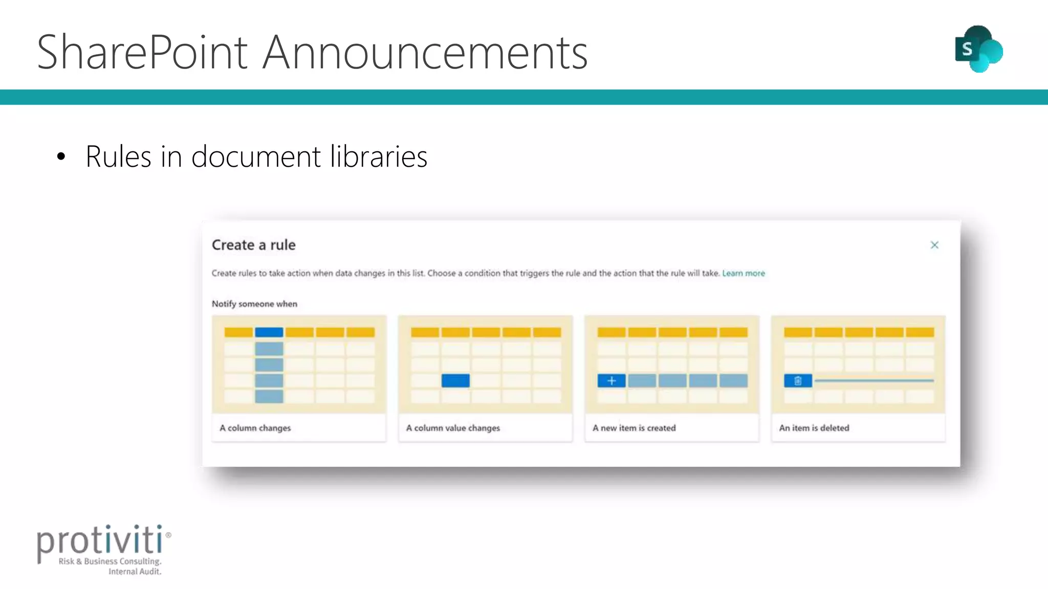 SharePoint Announcements
• Rules in document libraries
 