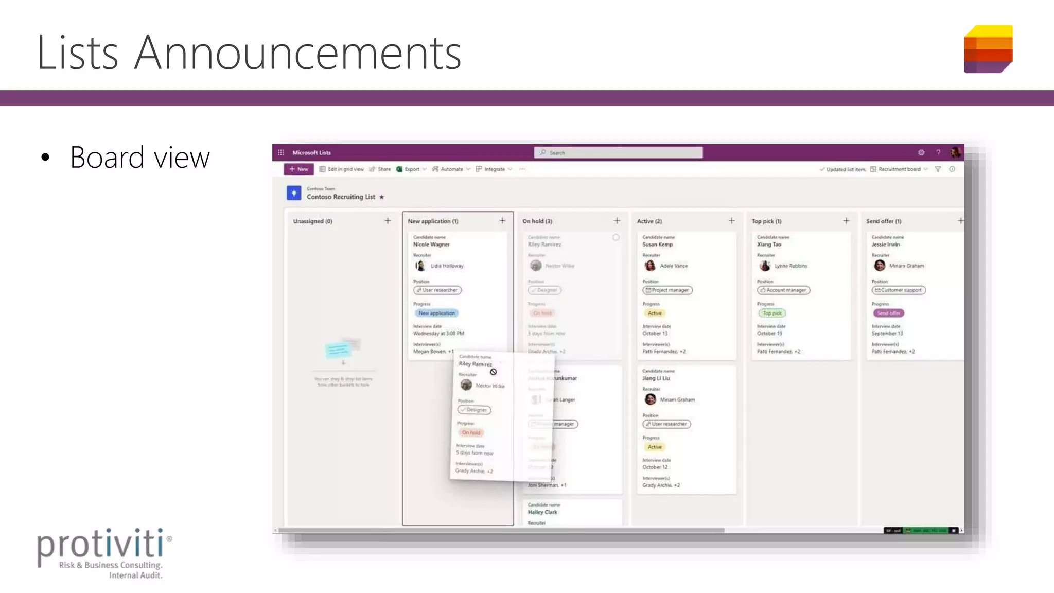 Lists Announcements
• Board view
 