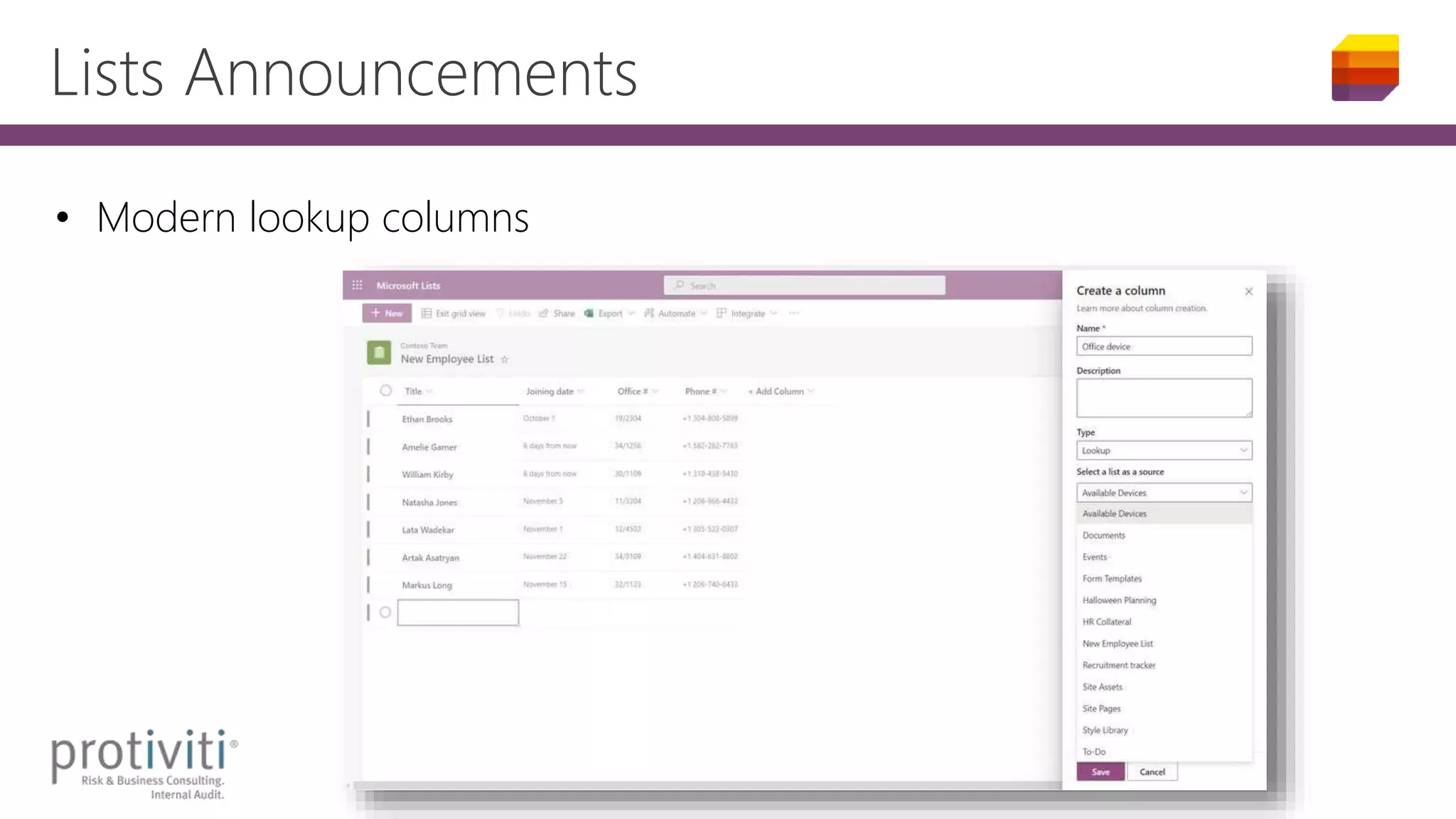 Lists Announcements
• Modern lookup columns
 