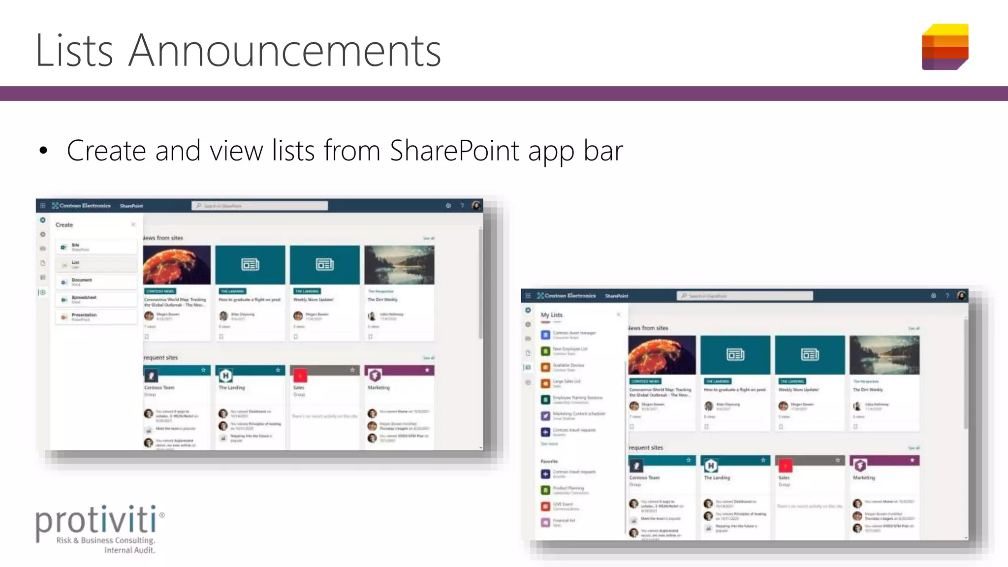 Lists Announcements
• Create and view lists from SharePoint app bar
 