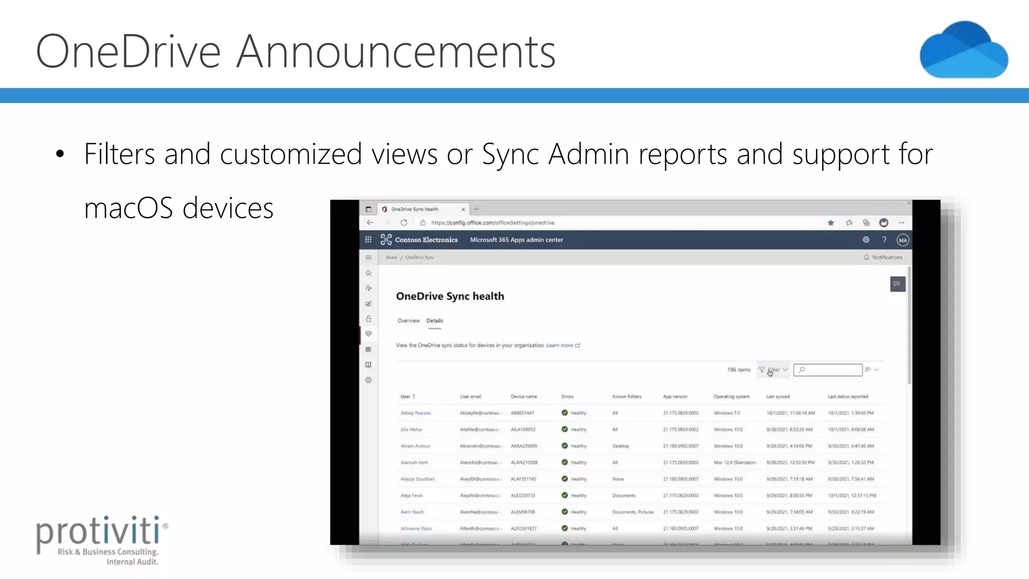 OneDrive Announcements
• Filters and customized views or Sync Admin reports and support for
macOS devices
 
