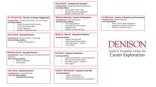 Dr. Kirsten Fox: Director of Campus Engagement
Coaching Areas: Pre-Law & Government, Arts, Ent. & Sports
Key Responsibilities:
• Career Development and Education
• Career Coaching Strategies
• Faculty Engagement
• Member of Leadership Team
Zach Pavol: Associate Director
Michele Doran: Associate Director
Sara Harp: Assistant Director
Coaching Areas: Business, Finance, & Consulting
Other Key Responsibilities:
• Training and Development
Coaching Areas: Media, Marketing, Communication & General
Exploration
Other Key Responsibilities:
• Student engagement
• Peer Advisors
Coaching Areas: Pre-Health & STEM
Other Key Responsibilities:
• Graduate School strategy
Melanie Murphy: Director of Operations
Heather Whitehead: Assistant to the AVP
Liz Morrison: Director of Networks and Communities
Kati Bear: Program Coordinator
Miaja St. Martin: Operations Assistant
Coaching Areas: Service & Education
Other Key Responsibilities:
• Technology platforms
• Marketing and Communication
• Budget/Finance
• Member of Leadership Team
Key Responsibilities:
• Support operating staff – external operations
• On-Campus Recruiting Program
• Technology support – employers
• Event support
Key Responsibilities:
• Support operating Staff
• Student programming support
• Technology support - students
• Event support
Coaching Areas: General Exploration
Key Responsibilities:
• Alumni, parent, family engagement
• Employer recruitment and relations
• Member of Leadership Team
Key Responsibilities:
• Support operating staff
• Support of Leadership Team
• General office operations and management
Hank Malin: Assistant Vice President
Coaching Areas: Human Resources & Big Business
Key Responsibilities:
• Lead Knowlton Center Team
• Employer and alumni engagement
• Member of Leadership Team
 