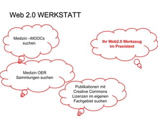 Web 2.0 WERKSTATT 
Medizin –MOOCs suchen 
Medizin OER Sammlungen suchen 
Publikationen mit Creative Commons Lizenzen im eigenen Fachgebiet suchen 
Ihr Web2.0 Werkzeug im Praxistest  