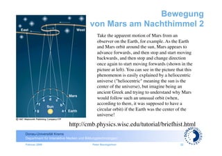 Bewegung
                                        von Mars am Nachthimmel 2
                                             Take the apparent motion of Mars from an
                                             observer on the Earth, for example. As the Earth
                                             and Mars orbit around the sun, Mars appears to
                                             advance forwards, and then stop and start moving
                                             backwards, and then stop and change direction
                                             once again to start moving forwards (shown in the
                                             picture at left). You can see in the picture that this
                                             phenomenon is easily explained by a heliocentric
                                             universe ("heliocentric" meaning the sun is the
                                             center of the universe), but imagine being an
                                             ancient Greek and trying to understand why Mars
                                             would follow such an unusual orbit (when,
                                             according to them, it was supposed to have a
                                             circular orbit) if the Earth was the center of the
                                             universe! 	


                           http://cmb.physics.wisc.edu/tutorial/briefhist.html
                                                                             	

Donau-Universität Krems
Department für Interaktive Medien und Bildungstechnologien
Februar 2009                              Peter Baumgartner                                 22
 