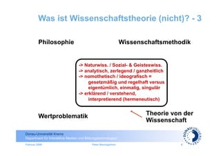 Was ist Wissenschaftstheorie (nicht)? - 3

         Philosophie                                          Wissenschaftsmethodik


                                 -> Naturwiss. / Sozial- & Geisteswiss.
                                 -> analytisch, zerlegend / ganzheitlich
                                 -> nomothetisch / ideografisch =
                                      gesetzmäßig und regelhaft versus
                                      eigentümlich, einmalig, singulär
                                 -> erklärend / verstehend,
                                      interpretierend (hermeneutisch)


         Wertproblematik                                             Theorie von der
                                                                     Wissenschaft

Donau-Universität Krems
Department für Interaktive Medien und Bildungstechnologien
Februar 2009                              Peter Baumgartner                     6
 