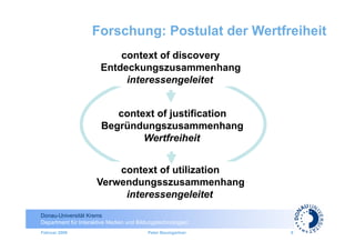 Forschung: Postulat der Wertfreiheit
                           context of discovery
                       Entdeckungszusammenhang
                            interessengeleitet


                          context of justification
                       Begründungszusammenhang
                               Wertfreiheit


                          context of utilization
                      Verwendungsszusammenhang
                           interessengeleitet
Donau-Universität Krems
Department für Interaktive Medien und Bildungstechnologien
Februar 2009                              Peter Baumgartner   8
 