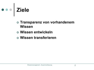 Wissensmanagement - Zusammenfassung2ZieleTransparenz von vorhandenem WissenWissen entwickelnWissen transferieren