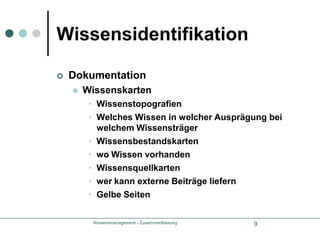 Wissensmanagement - Zusammenfassung10WissensentwicklungSchaffung von neuem WissenLernprozesseWissenslücken schnell schließenWegeJobrotationLernorteTeam- und ProjektarbeitCoaching, Best-PracticeGroßgruppenintervention