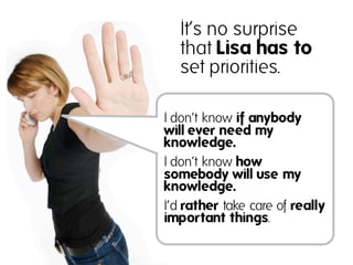 It‘s no surprise
   that Lisa has to
   set priorities.

I don‘t know if anybody
will ever need my
knowledge.
I don‘t know how
somebody will use my
knowledge.
I‘d rather take care of really
important things.
 
