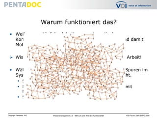 Warum funktioniert das?Weil unsere tägliche Arbeit ganz automatisch Kommunikation, Publikum und Kontext schafft. Und damit Motivation, Wissen zu teilen.Wissen zu teilen, ist ein Nebeneffekt der täglichen Arbeit!Während dieser täglichen Arbeit, hinterlassen wir Spuren im System, die Social Software sehr transparent macht.Social Software vernetzt Inhalte und Informationen.Social Software vernetzt Inhalte und Informationen mit Menschen.Social Software vernetzt Menschen.