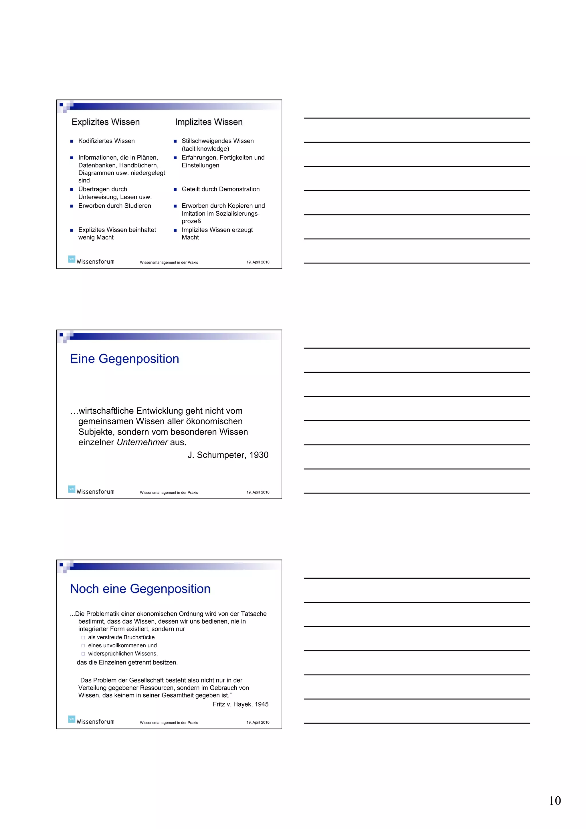 Wissensmanagement in der Praxis   19. April 2010




…wirtschaftliche Entwicklung geht nicht vom
 gemeinsamen Wissen aller ökonomischen
 Subjekte, sondern vom besonderen Wissen
 einzelner Unternehmer aus.
                             J. Schumpeter, 1930



                           Wissensmanagement in der Praxis   19. April 2010




...Die Problematik einer ökonomischen Ordnung wird von der Tatsache
    bestimmt, dass das Wissen, dessen wir uns bedienen, nie in
    integrierter Form existiert, sondern nur
       als verstreute Bruchstücke
       eines unvollkommenen und
       widersprüchlichen Wissens,
  das die Einzelnen getrennt besitzen.

  Das Problem der Gesellschaft besteht also nicht nur in der
  Verteilung gegebener Ressourcen, sondern im Gebrauch von
  Wissen, das keinem in seiner Gesamtheit gegeben ist.”
                                                Fritz v. Hayek, 1945

                           Wissensmanagement in der Praxis   19. April 2010




                                                                              10
 