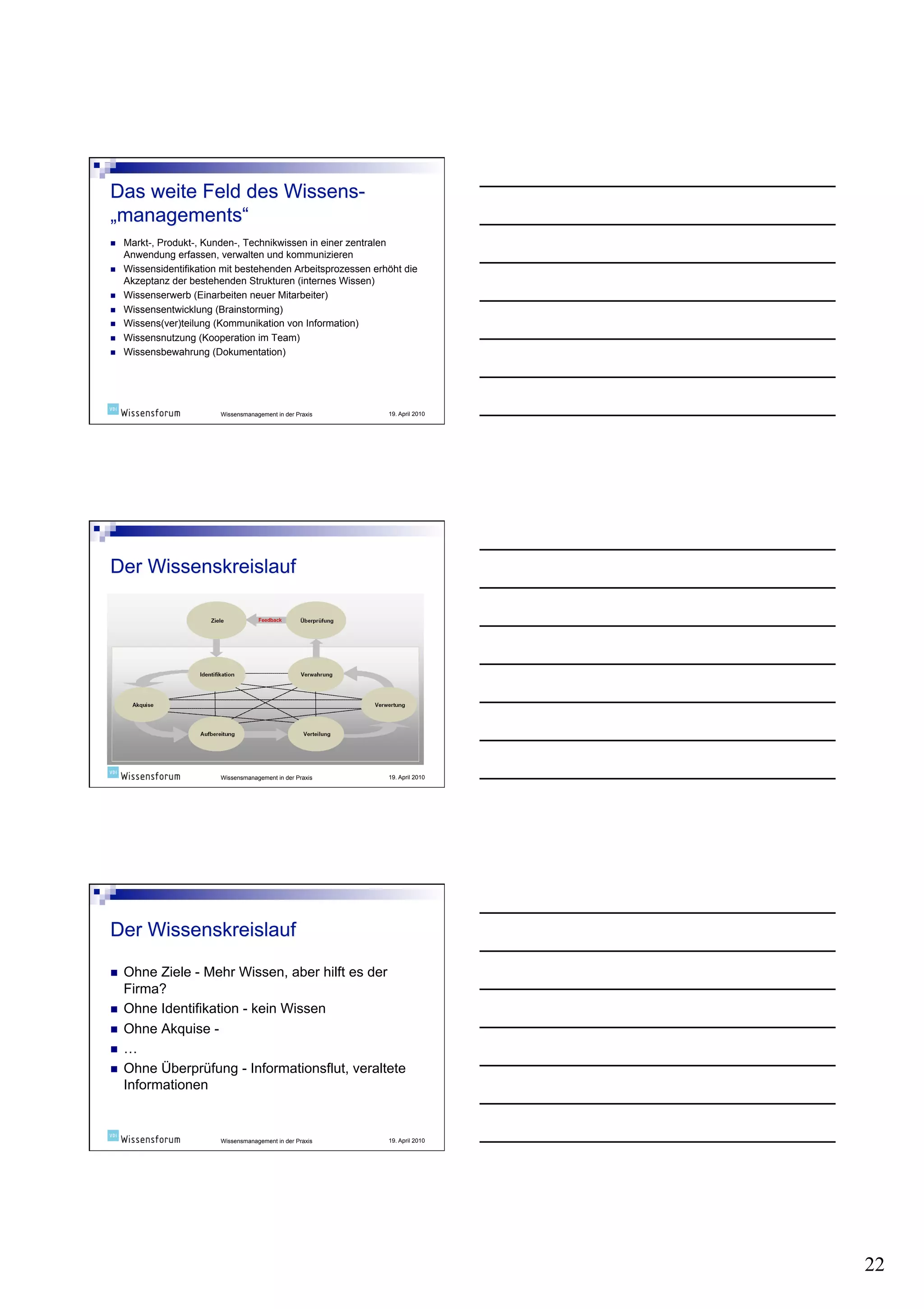     Markt-, Produkt-, Kunden-, Technikwissen in einer zentralen
     Anwendung erfassen, verwalten und kommunizieren
    Wissensidentifikation mit bestehenden Arbeitsprozessen erhöht die
     Akzeptanz der bestehenden Strukturen (internes Wissen)
    Wissenserwerb (Einarbeiten neuer Mitarbeiter)
    Wissensentwicklung (Brainstorming)
    Wissens(ver)teilung (Kommunikation von Information)
    Wissensnutzung (Kooperation im Team)
    Wissensbewahrung (Dokumentation)




                          Wissensmanagement in der Praxis      19. April 2010




                          Wissensmanagement in der Praxis      19. April 2010




  Ohne Ziele - Mehr Wissen, aber hilft es der
   Firma?
  Ohne Identifikation - kein Wissen
  Ohne Akquise -
  …
  Ohne Überprüfung - Informationsflut, veraltete
   Informationen


                          Wissensmanagement in der Praxis      19. April 2010




                                                                                22
 