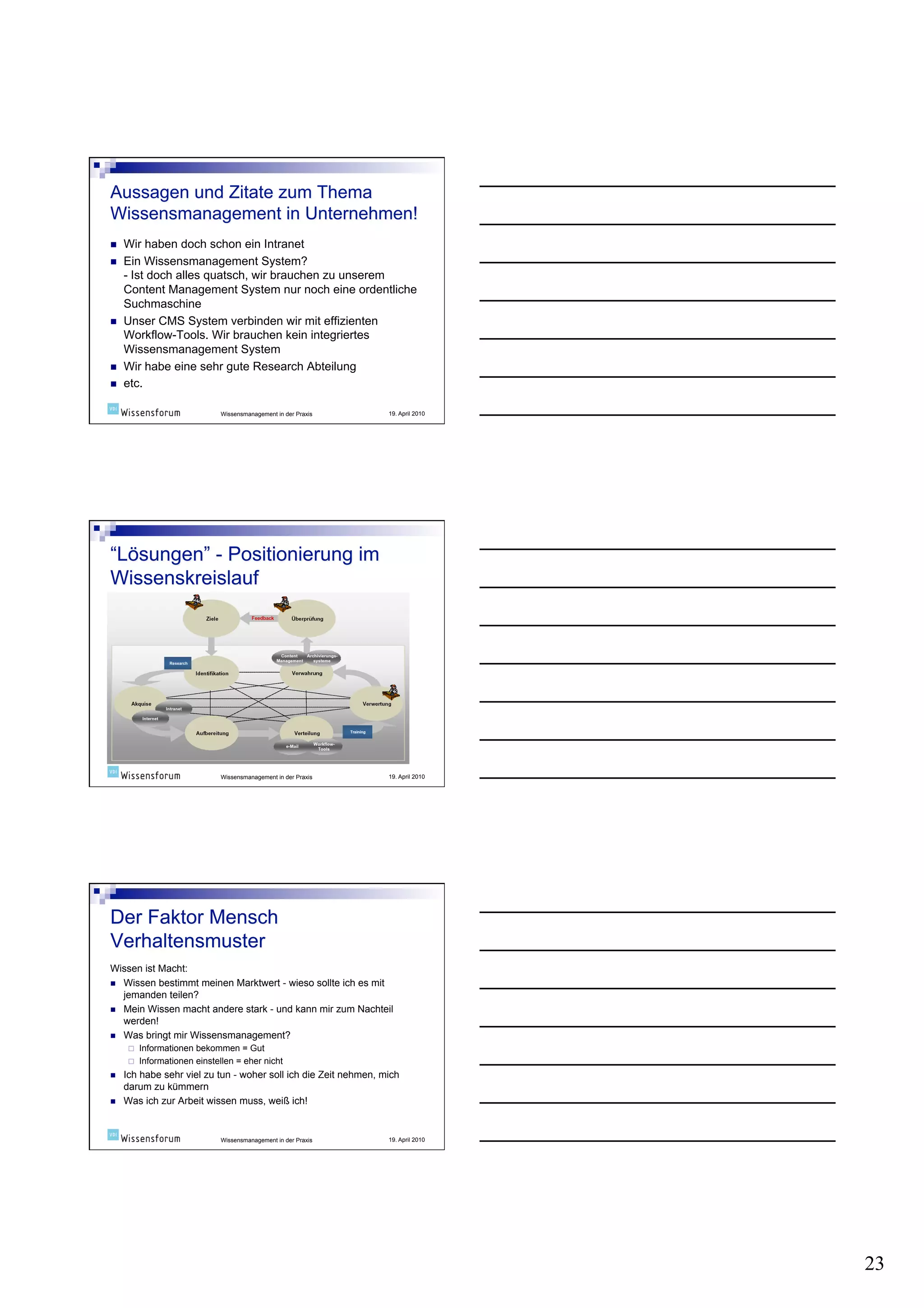     Wir haben doch schon ein Intranet
    Ein Wissensmanagement System?
     - Ist doch alles quatsch, wir brauchen zu unserem
     Content Management System nur noch eine ordentliche
     Suchmaschine
    Unser CMS System verbinden wir mit effizienten
     Workflow-Tools. Wir brauchen kein integriertes
     Wissensmanagement System
    Wir habe eine sehr gute Research Abteilung
    etc.

                                Wissensmanagement in der Praxis   19. April 2010




                                Wissensmanagement in der Praxis   19. April 2010




Wissen ist Macht:
  Wissen bestimmt meinen Marktwert - wieso sollte ich es mit
   jemanden teilen?
  Mein Wissen macht andere stark - und kann mir zum Nachteil
   werden!
  Was bringt mir Wissensmanagement?
          Informationen bekommen = Gut
          Informationen einstellen = eher nicht
    Ich habe sehr viel zu tun - woher soll ich die Zeit nehmen, mich
     darum zu kümmern
    Was ich zur Arbeit wissen muss, weiß ich!


                                Wissensmanagement in der Praxis   19. April 2010




                                                                                   23
 